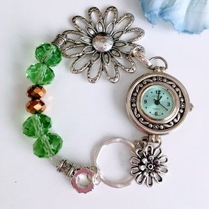 Ladies green crystal beaded flower bracelet watch